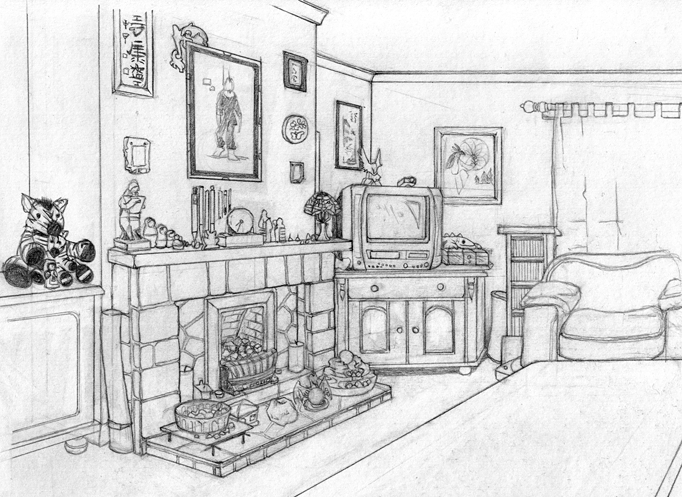 Scène de salon avec un canapé et des détails décoratifs
