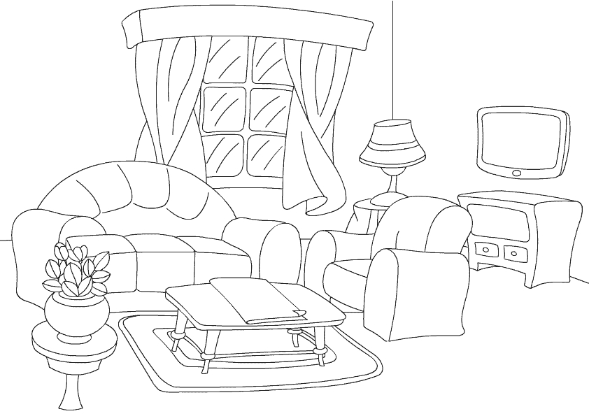 Coloriage d'un salon accueillant avec des meubles stylés