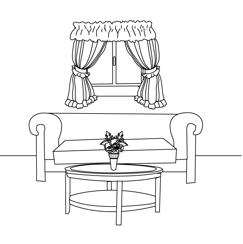 Coloriage d'un salon accueillant avec des éléments de décoration variés