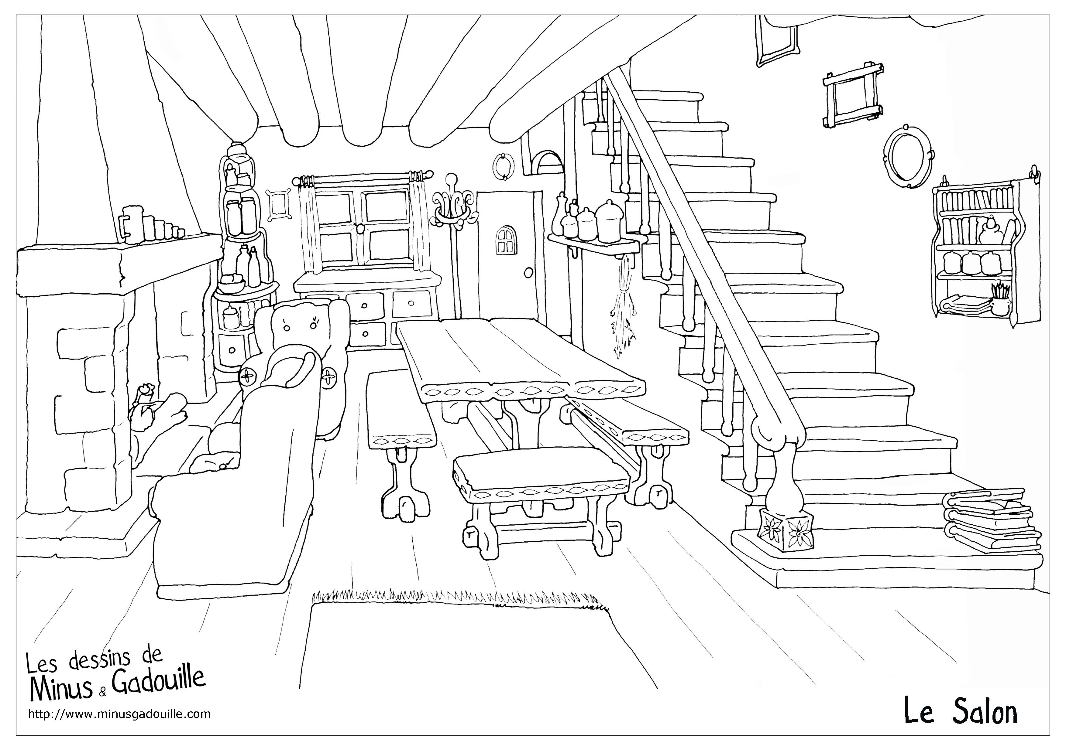 Coloriage d'un salon cosy avec un canapé et des éléments de décoration