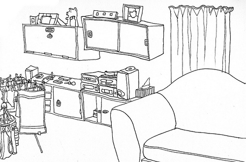 Coloriage d'un salon accueillant avec des meubles et des décorations