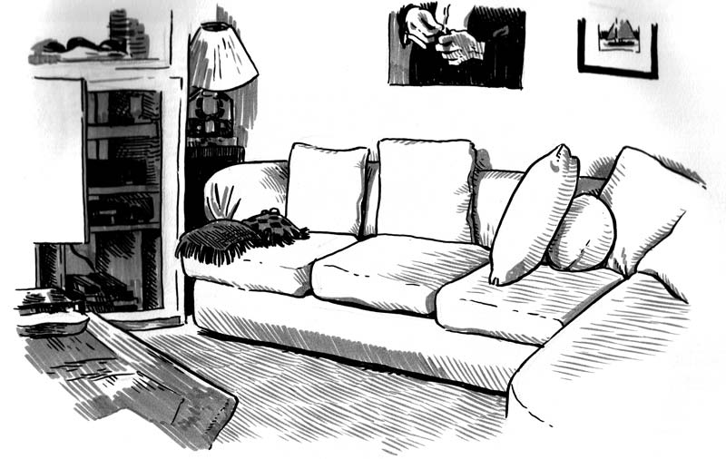 Coloriage d'un salon accueillant avec des meubles et des décorations variées