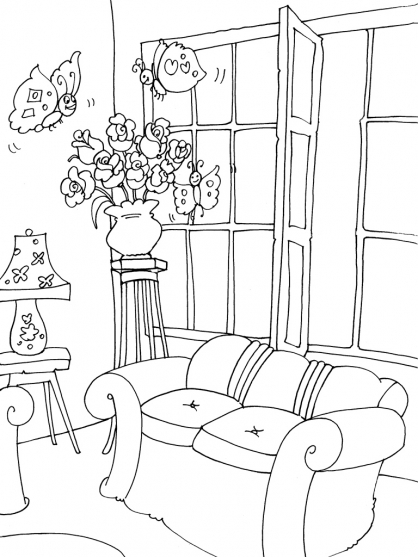 Coloriage d'un salon accueillant avec des meubles et des détails décoratifs