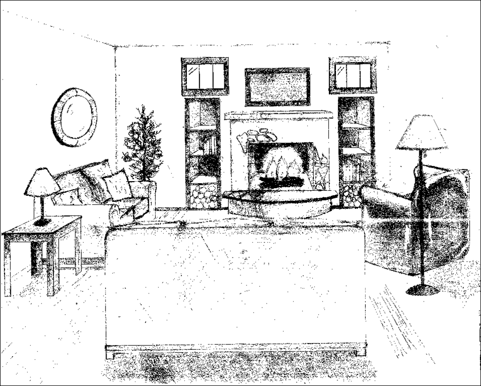 Coloriage d'un salon chaleureux avec un canapé et des éléments de décoration