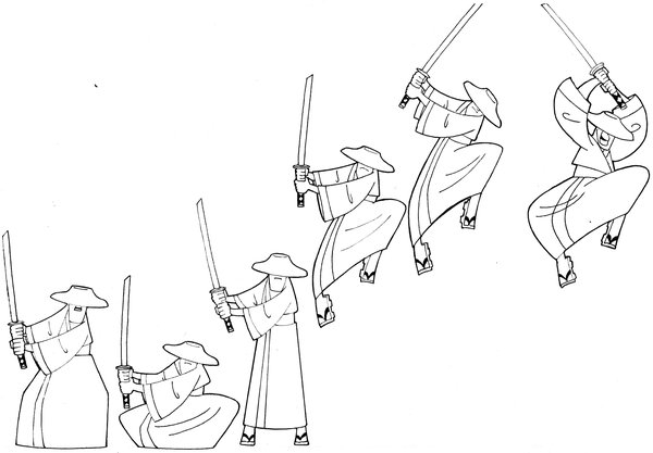 Un samouraï en pleine action sur un fond minimaliste