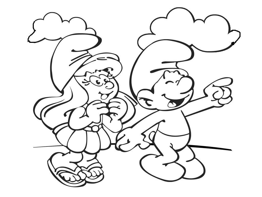 Coloriage représentant des schtroumpfs dans un paysage naturel