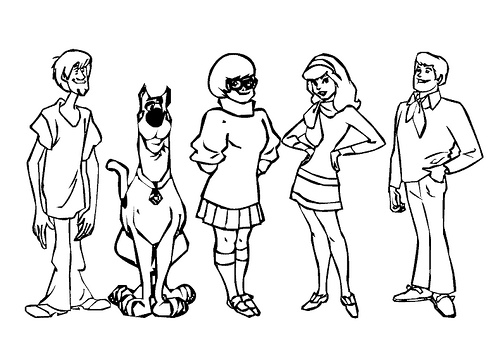 Coloriage de Scooby-Doo et Shaggy en pleine enquête dans un décor mystérieux
