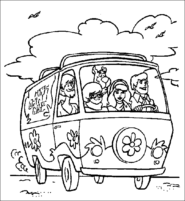 Coloriage de Scooby-Doo en pleine enquête dans un décor mystérieux