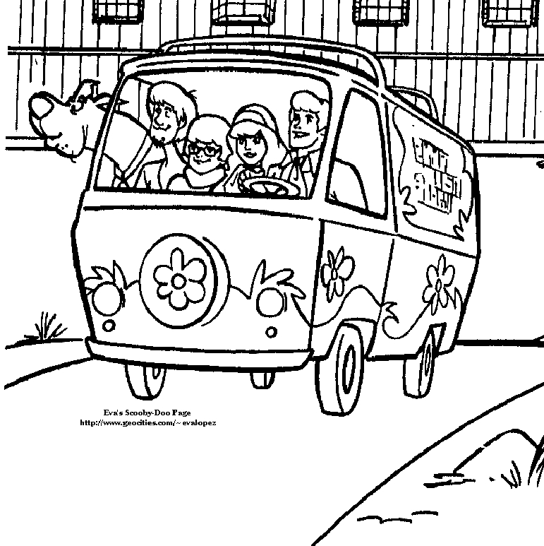 Coloriage de Scooby-Doo en train de chercher des indices dans un décor mystérieux