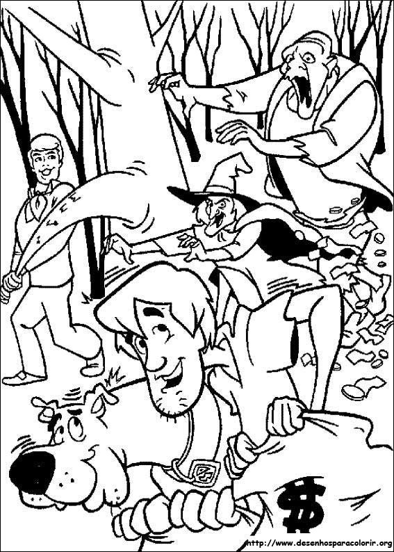 Coloriage de Scooby-Doo en pleine enquête avec Shaggy dans un décor mystérieux