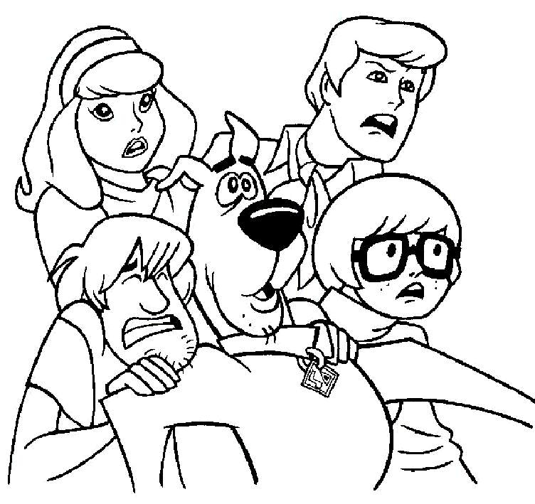 Coloriage de Scooby-Doo en pleine enquête dans un décor mystérieux