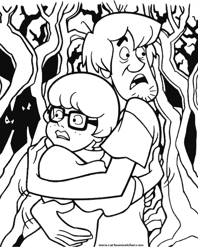Coloriage de Scooby-Doo en pleine enquête dans un décor mystérieux