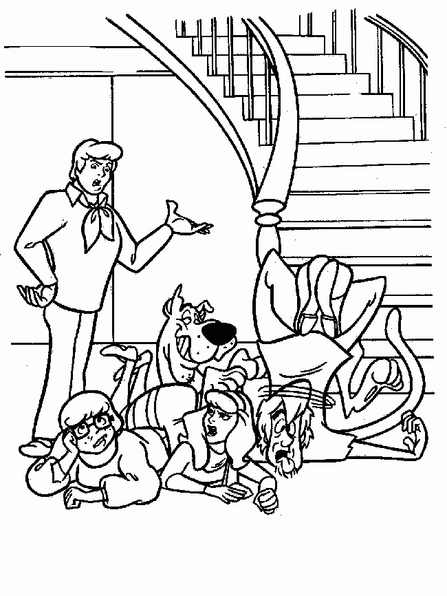 Coloriage de Scooby-Doo en pleine aventure avec Shaggy dans un décor mystérieux