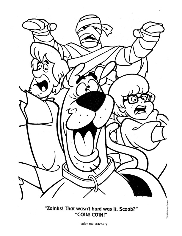 Coloriage de Scooby-Doo en pleine enquête avec ses amis dans un décor mystérieux