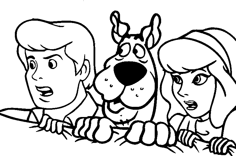 Coloriage de Scooby-Doo en pleine enquête dans un décor mystérieux