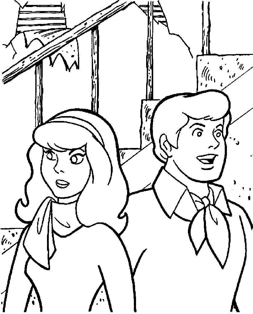 Coloriage de Scooby-Doo en pleine enquête dans un décor mystérieux