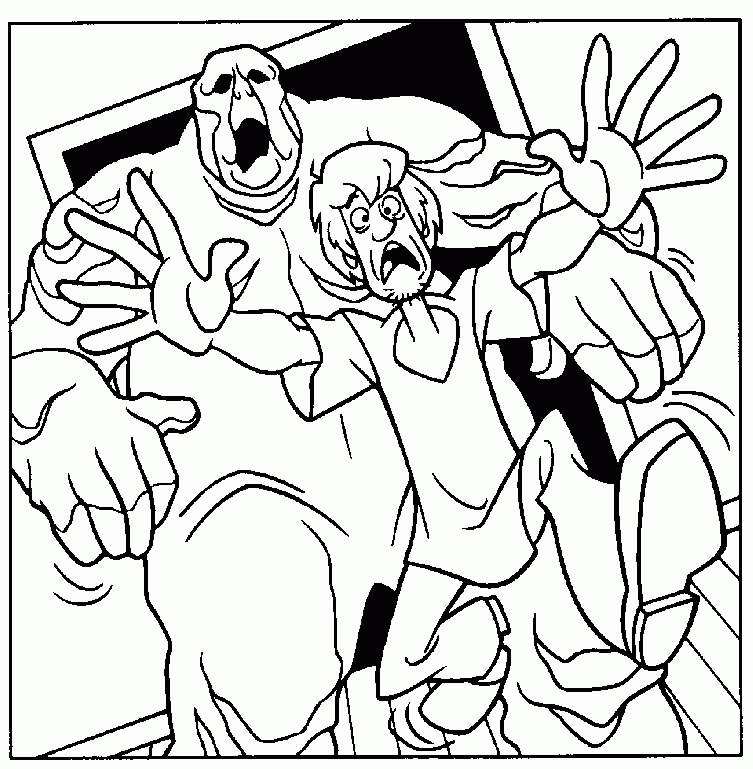 Coloriage de Scooby-Doo en pleine enquête dans un décor mystérieux