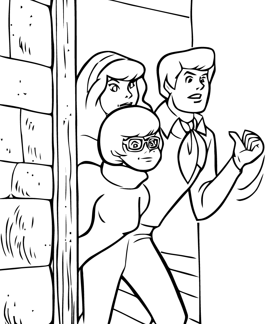 Coloriage de Scooby-Doo en pleine enquête dans un décor mystérieux