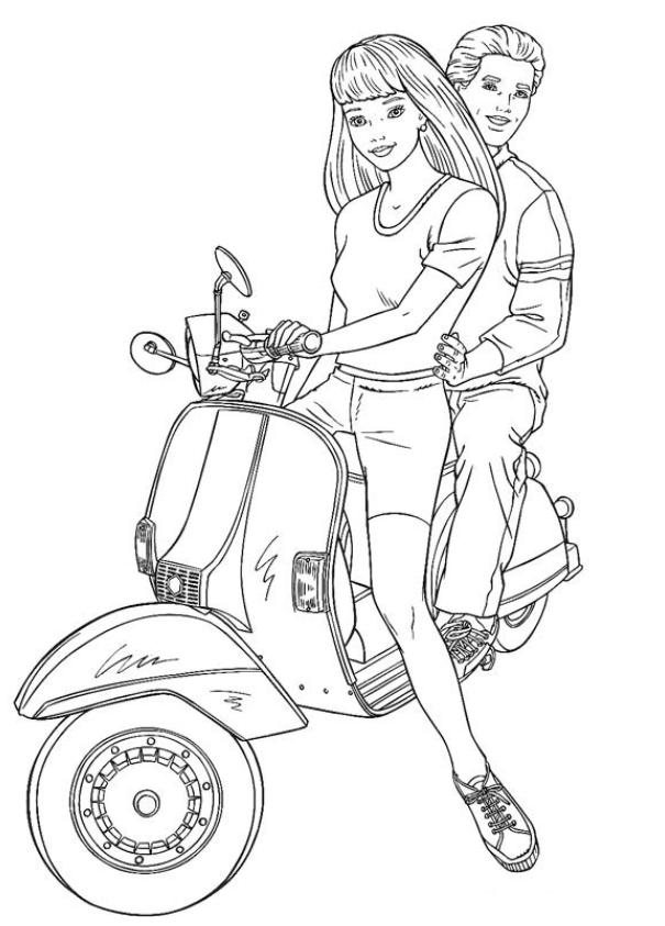 Coloriage d'un scooter sur une route avec des arbres