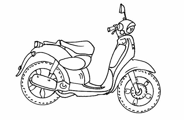 Coloriage d'un scooter sur une route avec des éléments de paysage