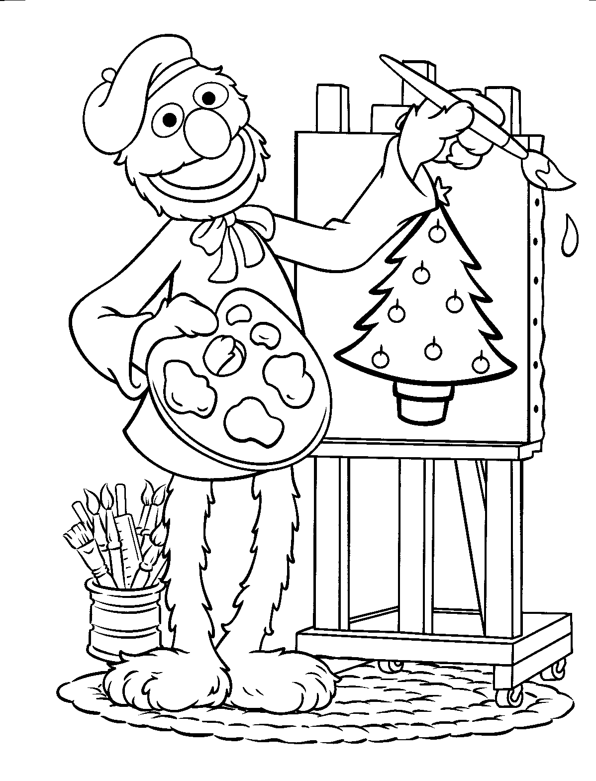 Coloriage de Sesame Street avec Elmo et Cookie Monster dans un décor ludique