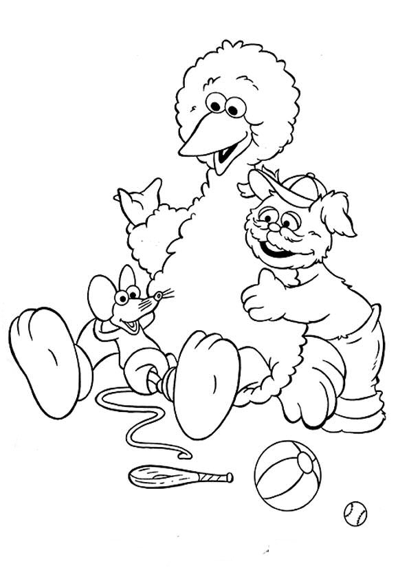 Coloriage de Sesame Street avec des personnages joyeux dans un décor ludique