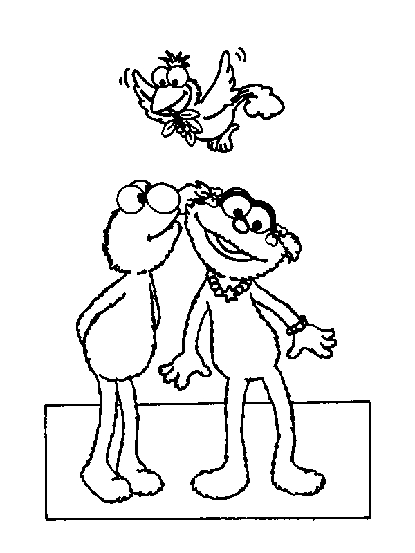 Coloriage de personnages de Sesame Street entourés de décorations ludiques