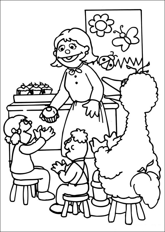 Coloriage de personnages de Sesame Street interagissant dans un décor ludique