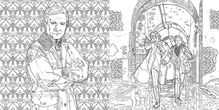 Coloriage de Sherlock Holmes en pleine enquête dans un décor urbain Coloriage de Sherlock Holmes en pleine enquête dans un décor urbain