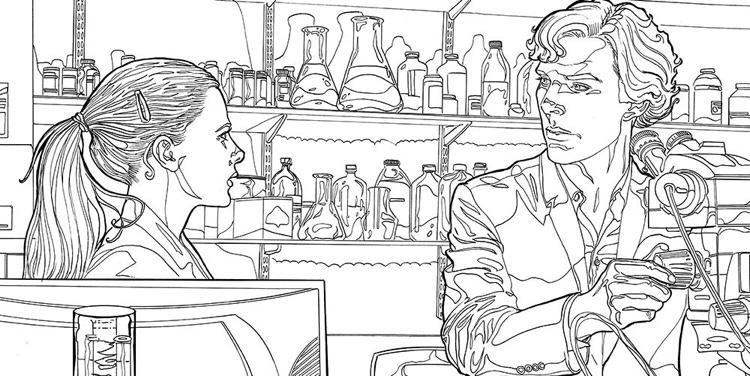 Coloriage de Sherlock Holmes en pleine enquête dans un décor urbain