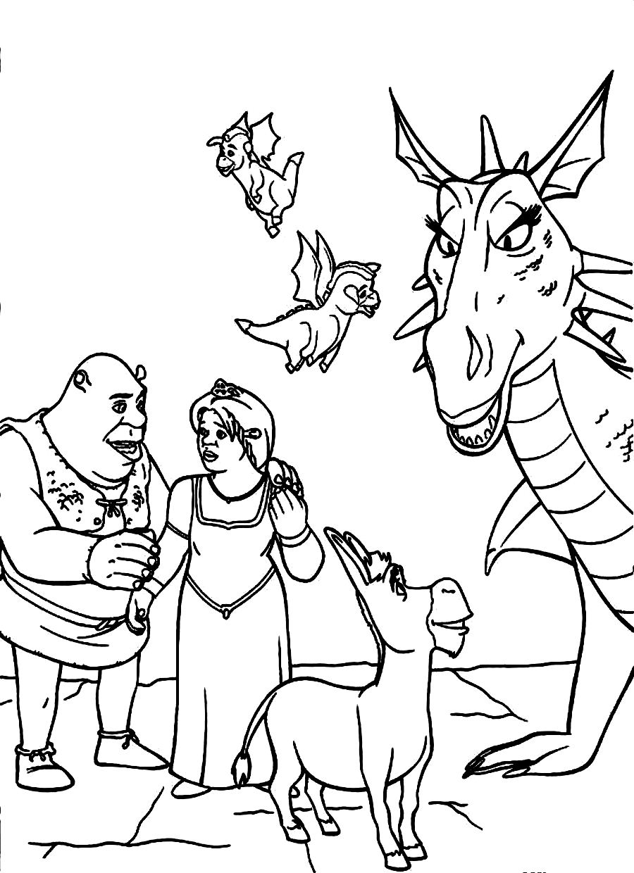 Shrek et l'âne dans la forêt, entourés de leur univers fantastique
