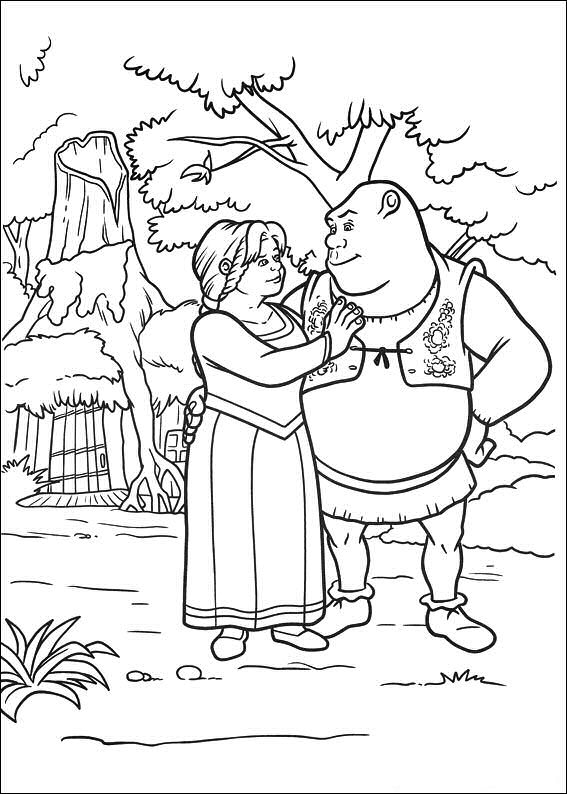 Shrek et Fiona dans la forêt, partageant un moment de complicité