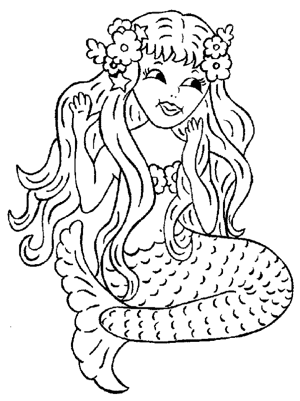 Coloriage d'une sirène jouant dans les vagues avec des éléments marins