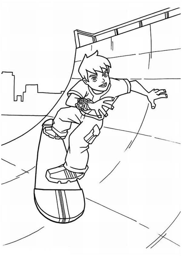 Coloriage d'un skateboard sur une planche à roulettes avec des détails dynamiques
