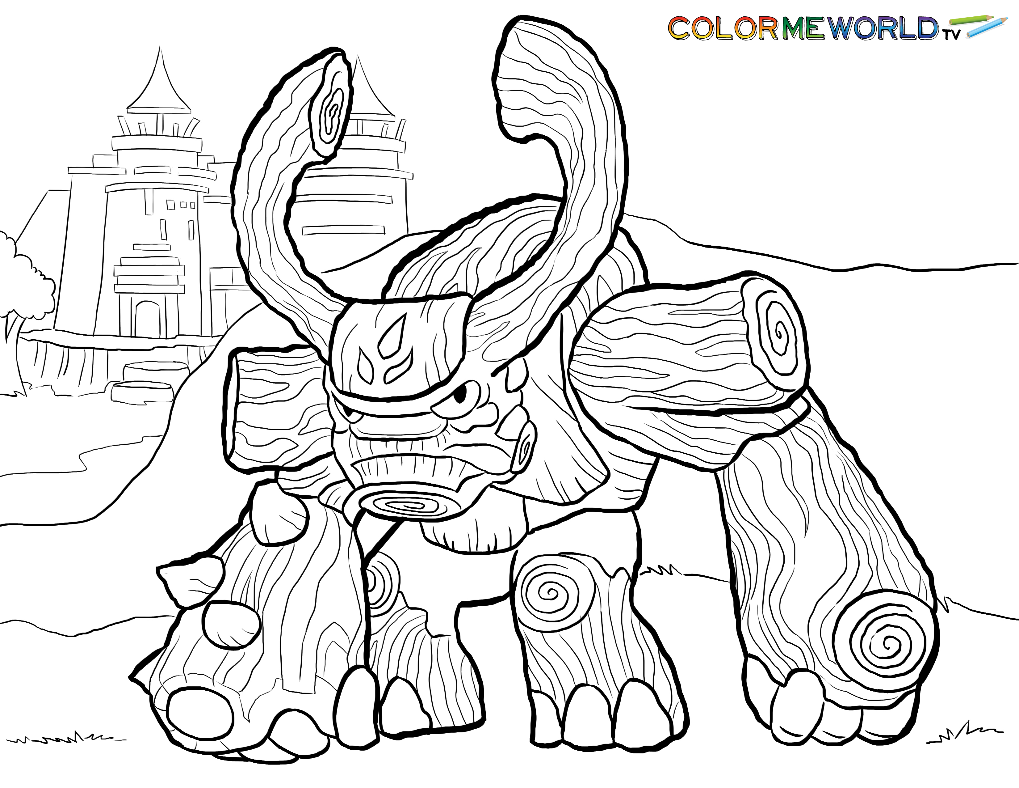 Coloriage de personnages de Skylanders en pleine action dans un décor fantastique