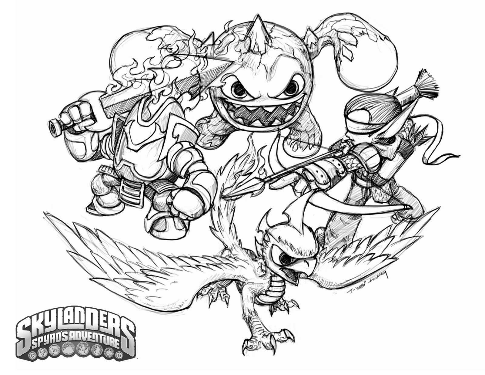 Coloriage de Skylanders en pleine action dans un décor dynamique