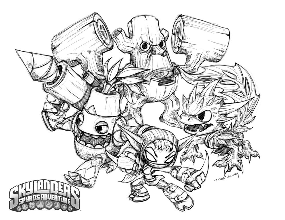 Personnages de Skylanders en pleine action dans un décor dynamique