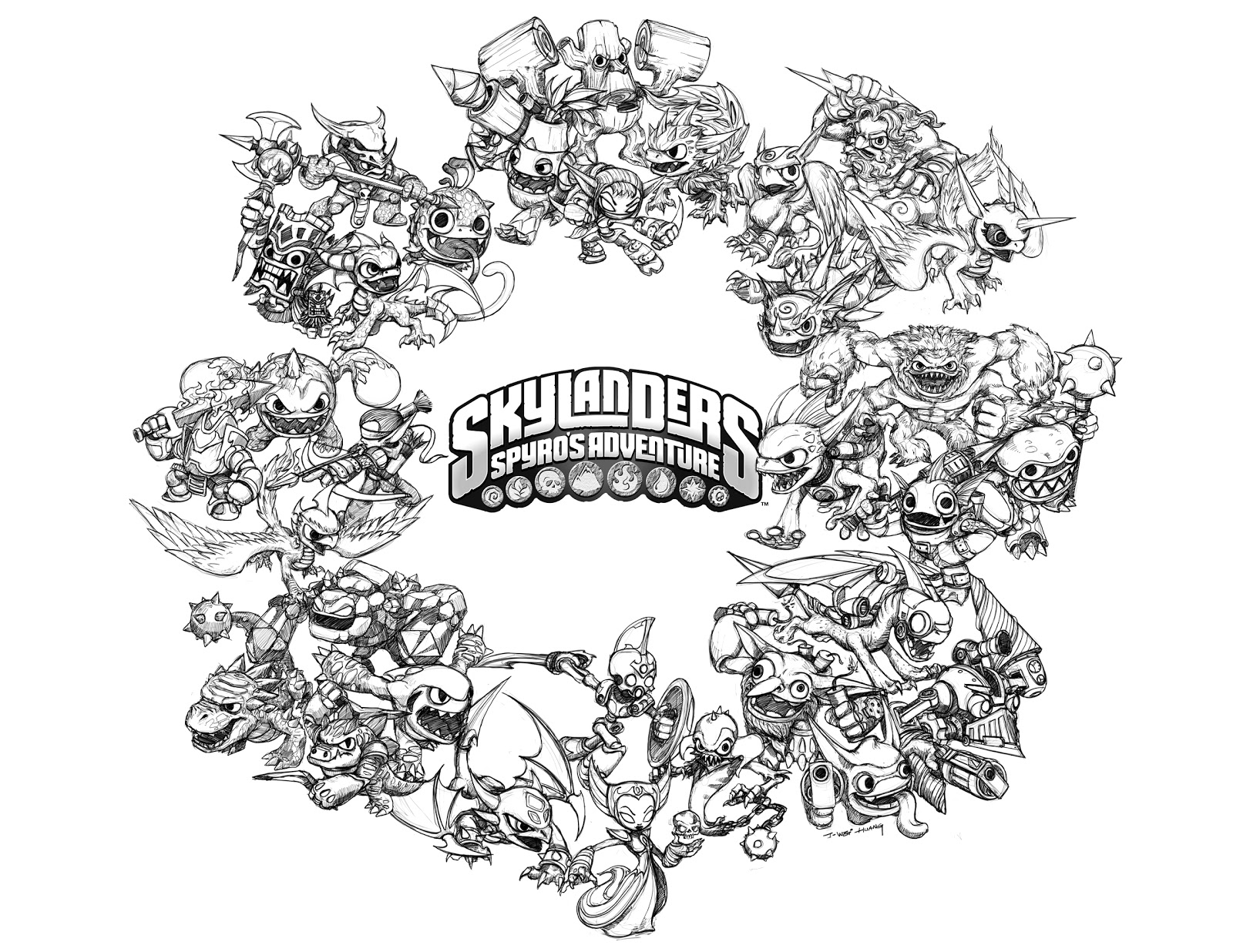 Coloriage de personnages Skylanders en pleine action sur un fond dynamique