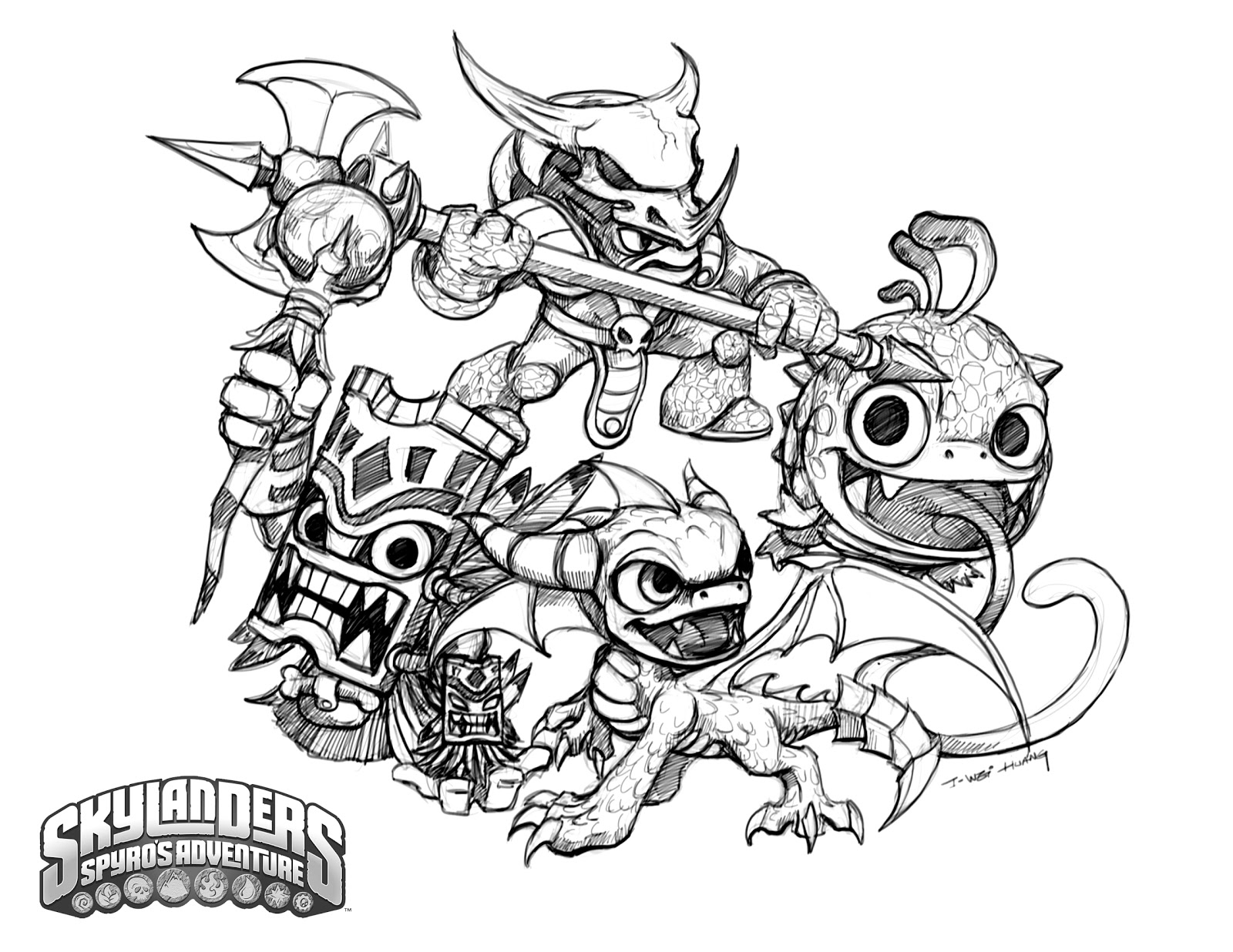 Coloriage de personnages de Skylanders en pleine action dans un décor fantastique