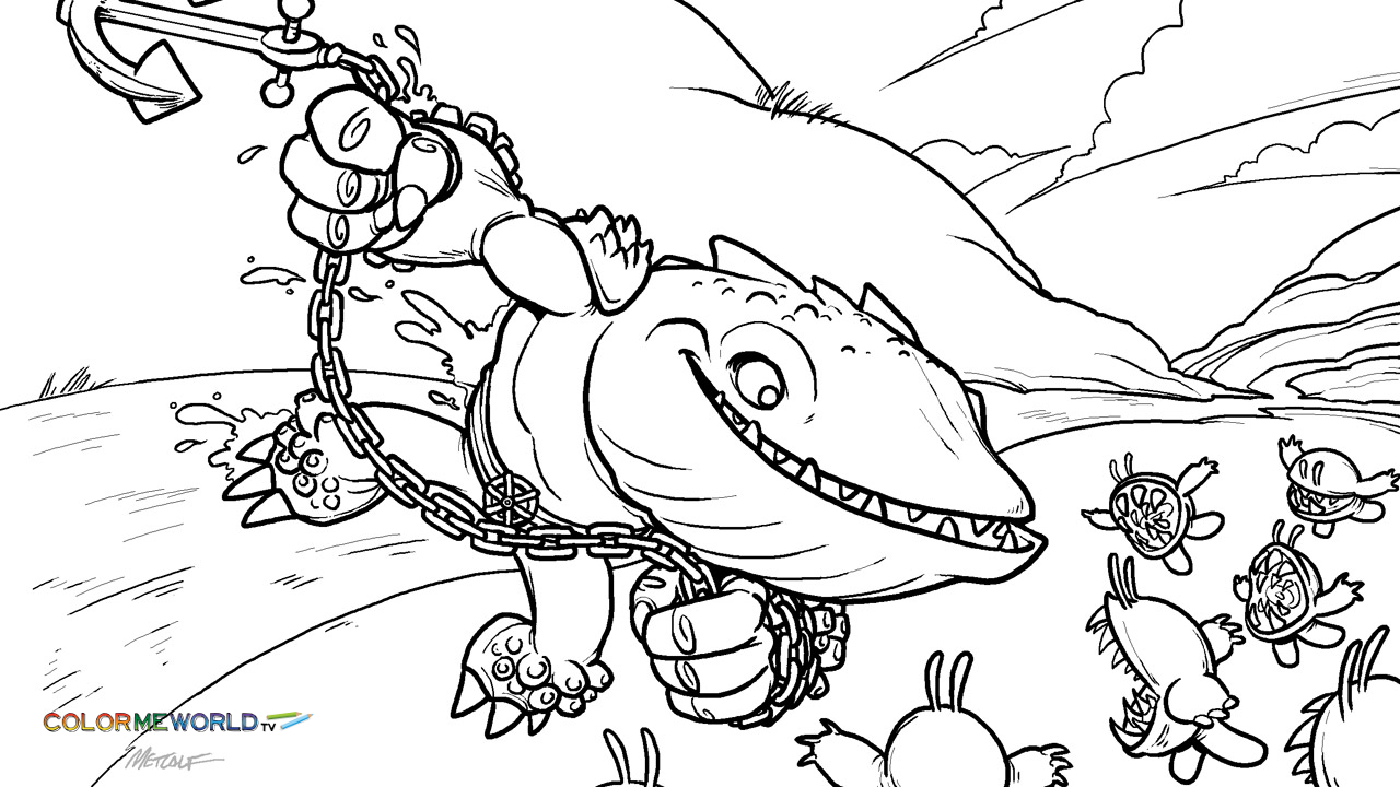 Coloriage de Skylanders avec des personnages en action dans un décor dynamique