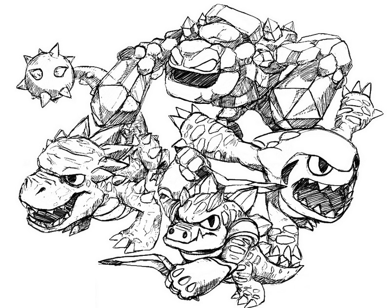 Coloriage de personnages de Skylanders en pleine action dans un décor fantastique