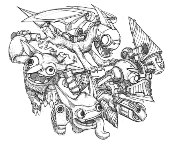 Personnages de Skylanders en pleine aventure dans un décor fantastique