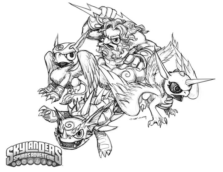 Personnages de Skylanders en pleine action dans un décor fantastique
