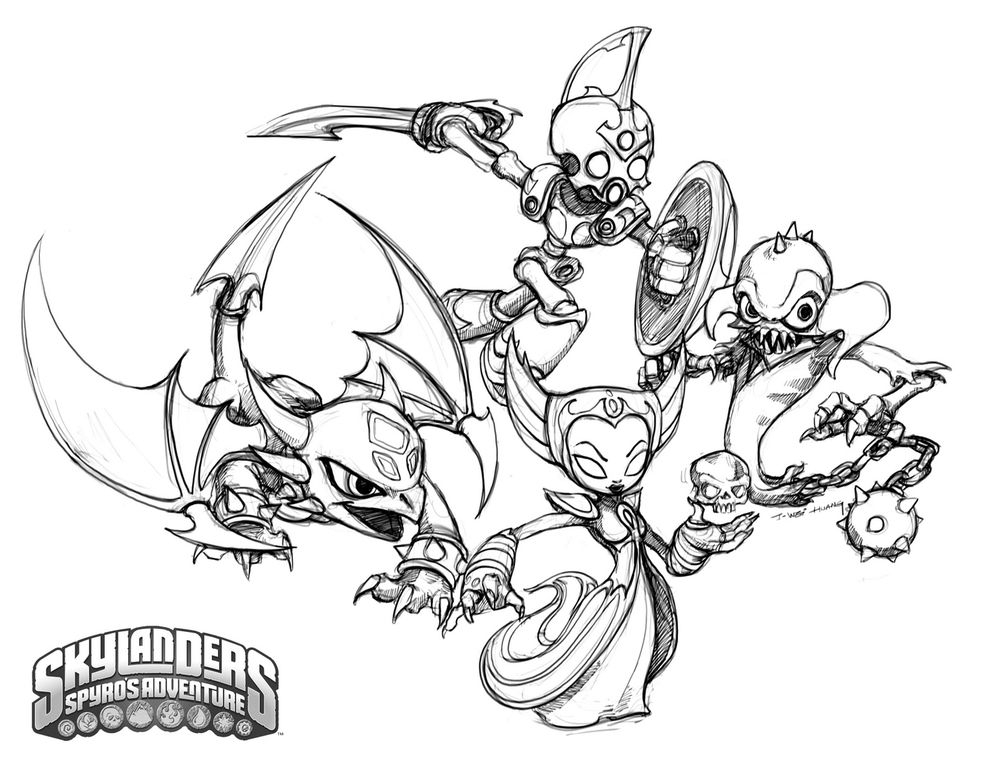 Coloriage de personnages Skylanders en pleine action dans un décor dynamique