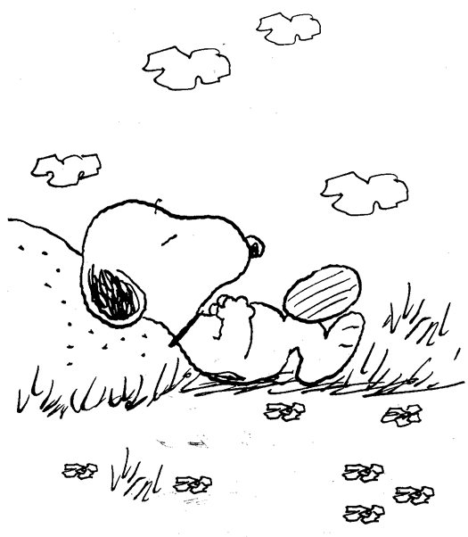 Snoopy se relaxe sur son doghouse sous un ciel dégagé