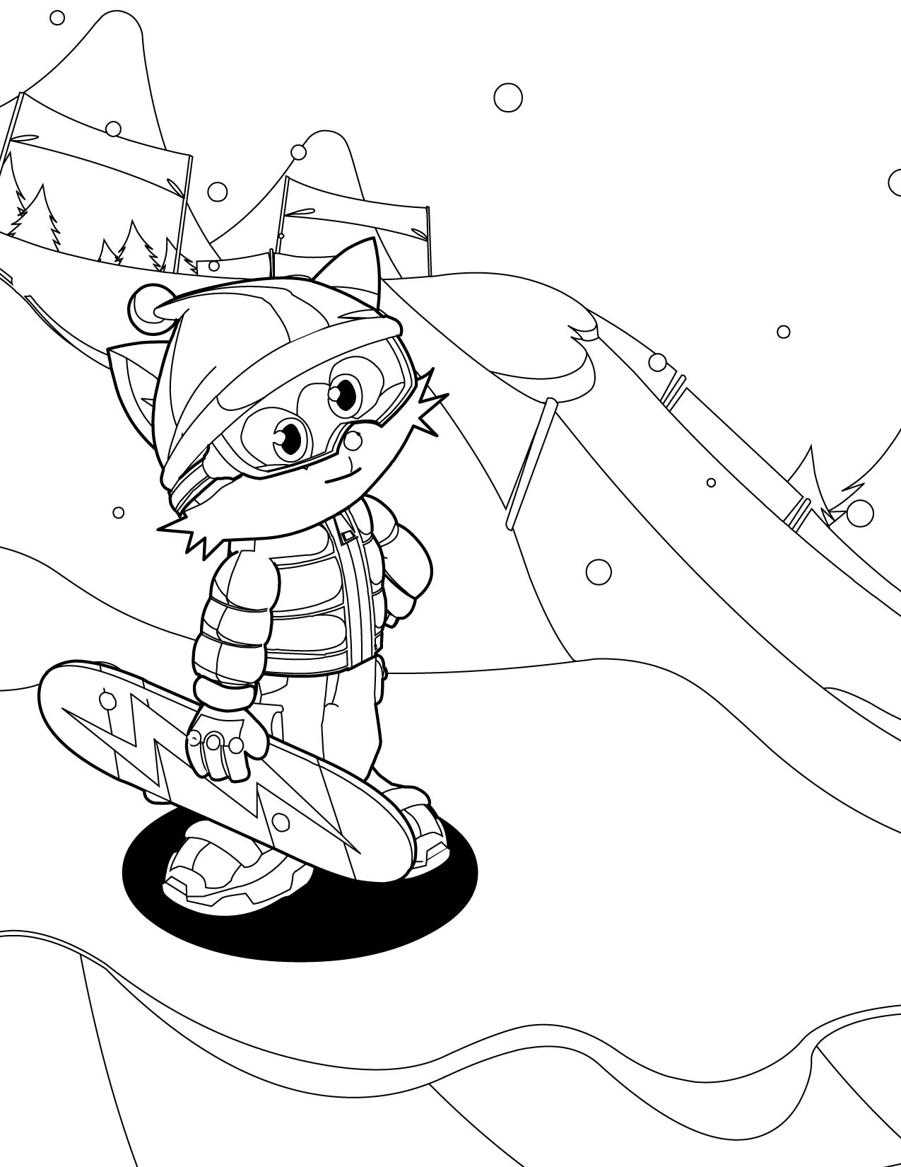 Coloriage d'un snowboarder en pleine action sur une pente enneigée
