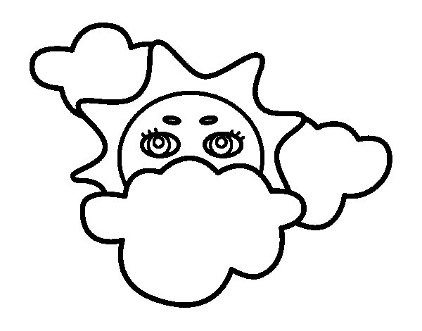 Coloriage d'un soleil souriant et d'un nuage moelleux dans un ciel joyeux