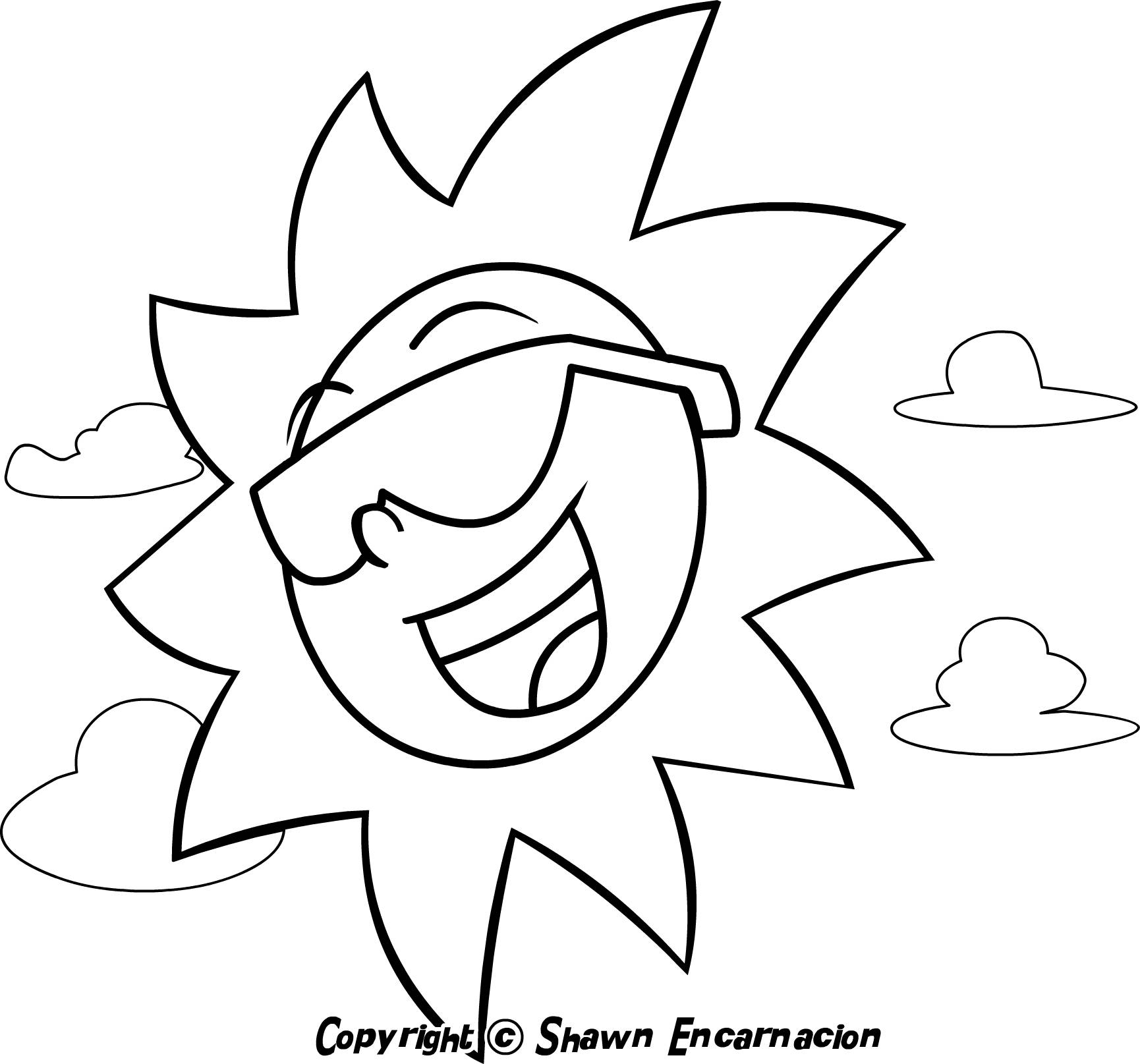 Coloriage d'un soleil souriant entouré de rayons et de nuages