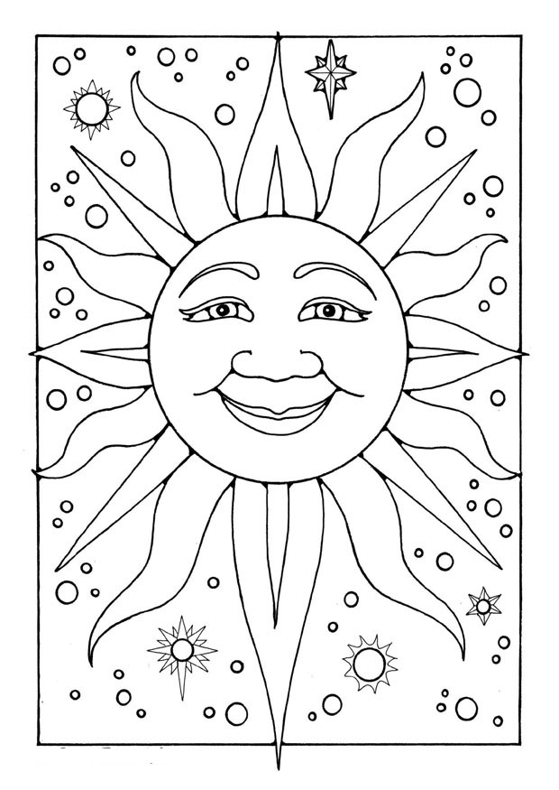 Coloriage d'un soleil rayonnant avec des visages expressifs