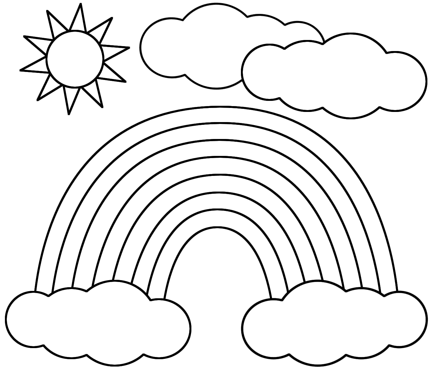 Coloriage d'un soleil souriant entouré de rayons et de nuages